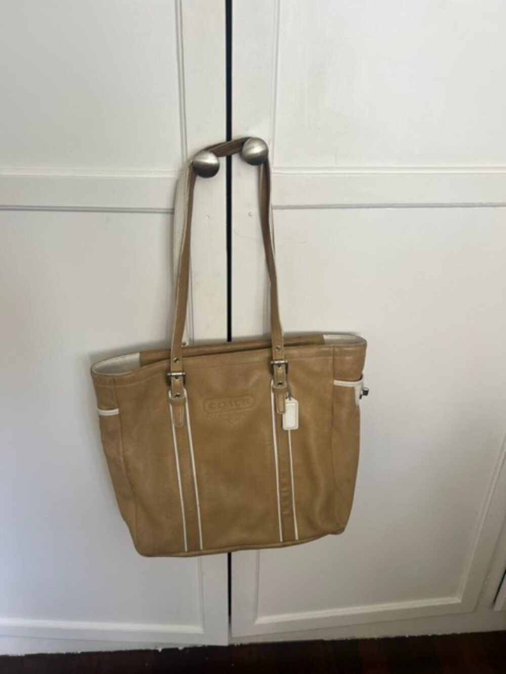 Vintage Coach Tan & White Trim Tote Bag